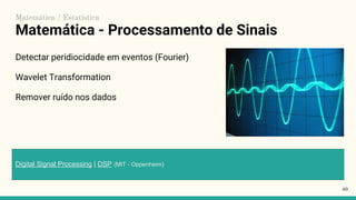 Matemática - Processamento de Sinais
Detectar peridiocidade em eventos (Fourier)
Wavelet Transformation
Remover ruído nos dados
40
Matemática / Estatística
Digital Signal Processing | DSP (MIT - Oppenheim)
 