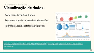 Visualização de dados
Comunicação de Resultados
Representar mais do que duas dimensões
Representação de diferentes variáveis
43
Udacity - Data Visualization and D3.js | https://plot.ly | Flowing Data | Edward Turfte - Envisioning
Information
Matemática / Estatística
 