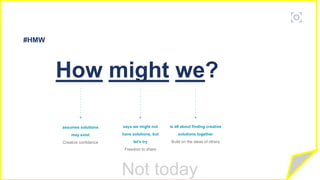Not today
#HMW
How might we?
assumes solutions
may exist
Creative confidence
says we might not
have solutions, but
let's try
Freedom to share
is all about finding creative
solutions together
Build on the ideas of others
 