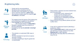 Technology
PO
(Manager)
Guest
Reception
Marketing
RRPP
- Guests ask for recommendations.
- No places when a booking a service.
- We keep track of all requests in an excel.
- Some customers asked for a pillow menu
- One business traveler asked for a specific type
of mattress to rest better
- The website shows the beauty of the building and
rooms (Booking is available on the website)
- Guest surveys has 40% participation
- 68% showed interest in a Pillow Menu
- Reception requests logs show problems on
services reservation
- Considering new App to automate ‘conceirge’
services.
- In the city for professional reasons (attending a
conference –CAS-)
- Want a comfortable room to make sure you can
rest well (lots of energy needed for the CAS)
- Sleeping well is really important
- Will stay few more days after the conference to
enjoy the city
- Good reviews in general, but some incidents have
push the score down
- Comfortable rooms, restaurant and
location are the strongest points
- Incidents for not being able to enjoy
services due to overbooking (most with
external partners)
- Recent decision to buy different pillows and have
a pillow menu
- The website is a customized CMS, easy to
change
- We have template for new forms to reserve
services or buying
- Currently considering an App for guests that
is customizable
#Lightening talks
 