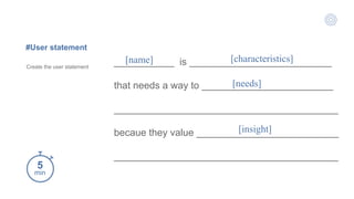 ___________ is __________________________
that needs a way to ________________________
_________________________________________
becaue they value __________________________
_________________________________________
#User statement
Create the user statement
[needs]
5
min
[name] [characteristics]
[insight]
 