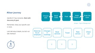#User journey
Choose
date
Book
hotel
Pack
Hotel
Check in
Enter the
room
Ejemplo - Viajar al Boutique hotel
5
min
Changes
in
bookings
Book
services
Travel
Rate
service
Check
out
Book trip
for an
employee
? ? ?
Identify 5-7 key moments. Start with
discovery & goal.
Remember, keep your specific user
in mind.
Let's talk about details, but let's not
talk interface!
 
