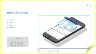 Not today
§ Mockup
§ Demo
§ Video
§ InVision
#Intro to Prototyping
3 teams
• Show solution – (IT)
• MKT – PO –Prototype
• Designer –plan test
 