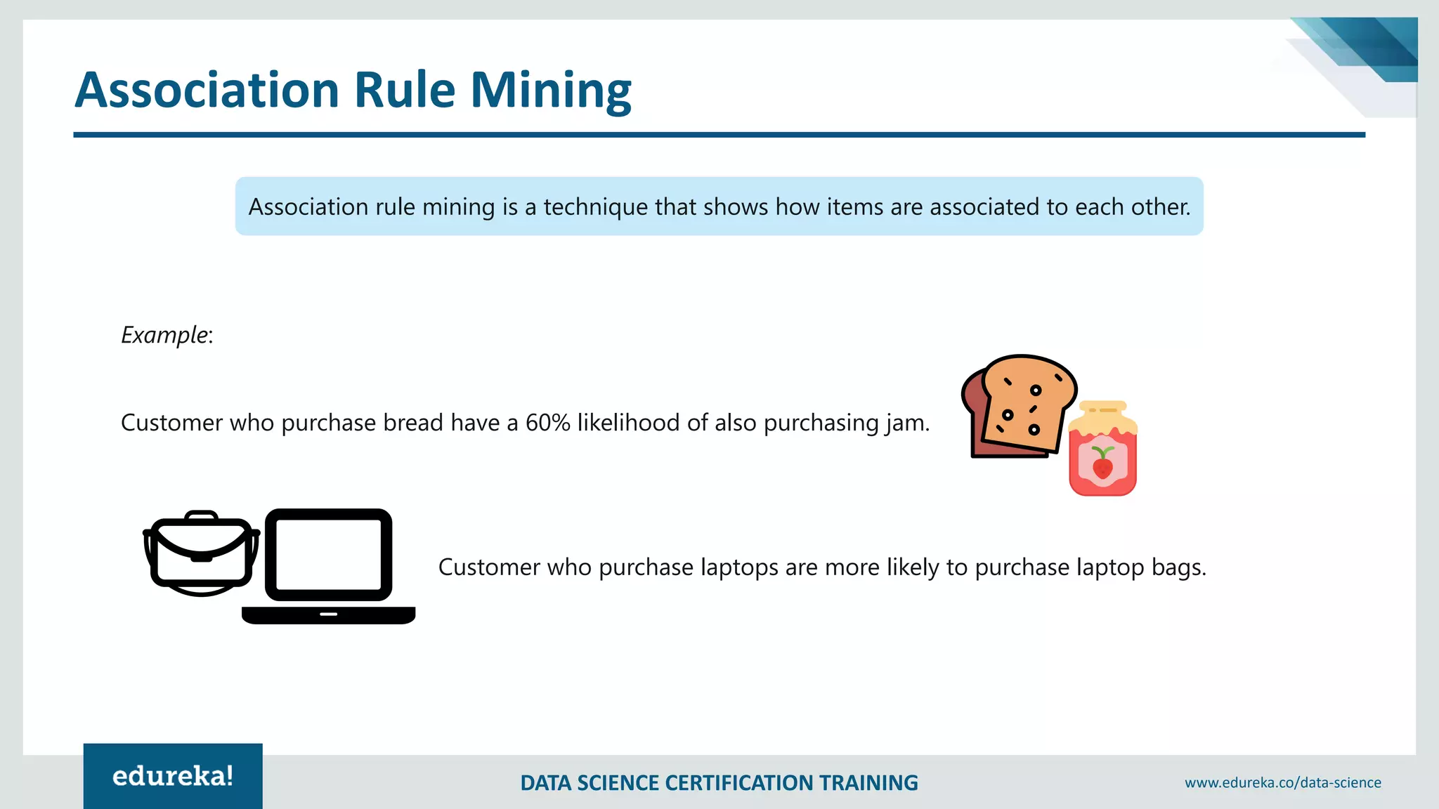 DATA SCIENCE CERTIFICATION TRAINING www.edureka.co/data-science
Association Rule Mining
Association rule mining is a technique that shows how items are associated to each other.
Customer who purchase laptops are more likely to purchase laptop bags.
Customer who purchase bread have a 60% likelihood of also purchasing jam.
Example:
 