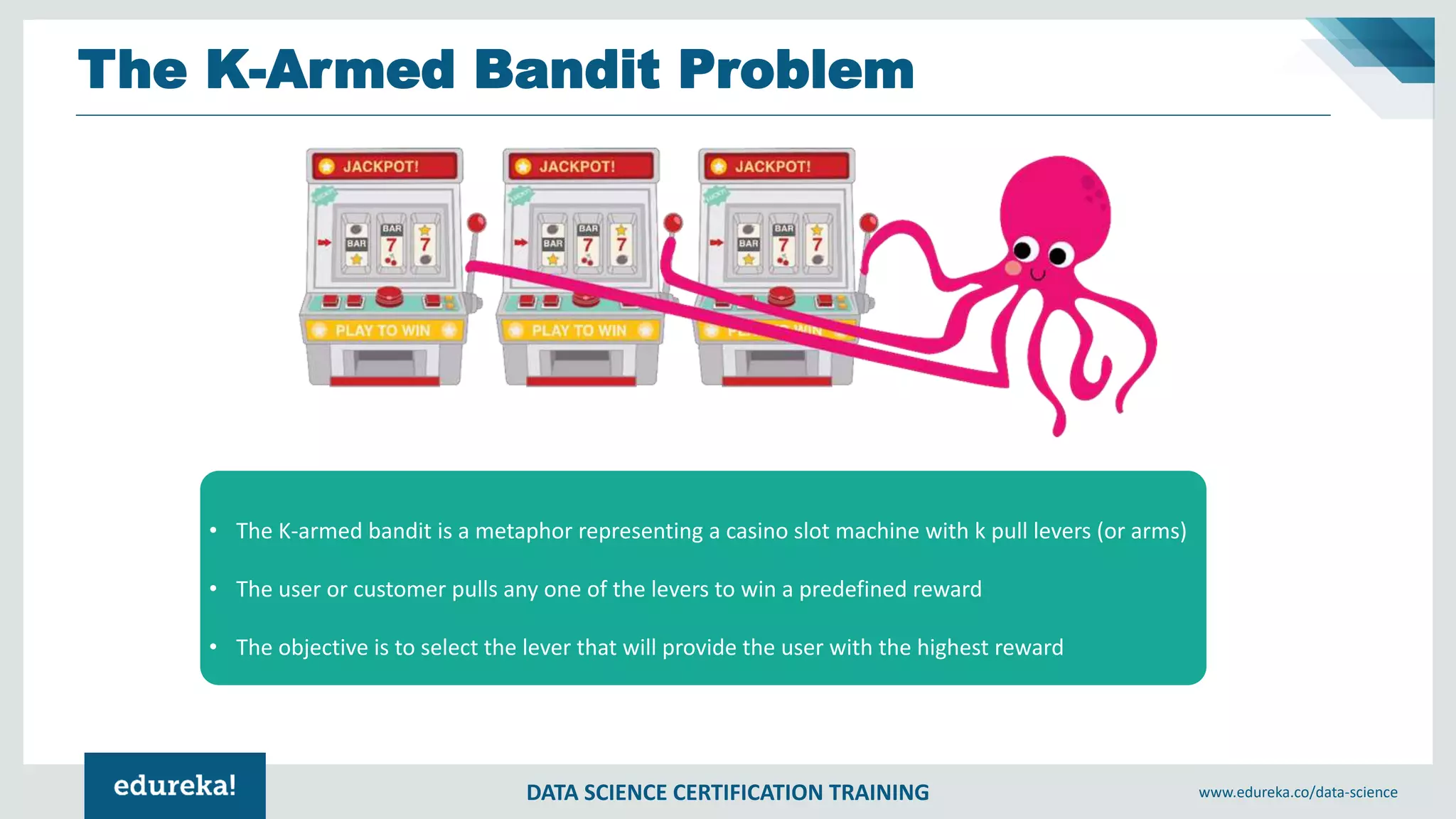 DATA SCIENCE CERTIFICATION TRAINING www.edureka.co/data-science
The K-Armed Bandit Problem
• The K-armed bandit is a metaphor representing a casino slot machine with k pull levers (or arms)
• The user or customer pulls any one of the levers to win a predefined reward
• The objective is to select the lever that will provide the user with the highest reward
 