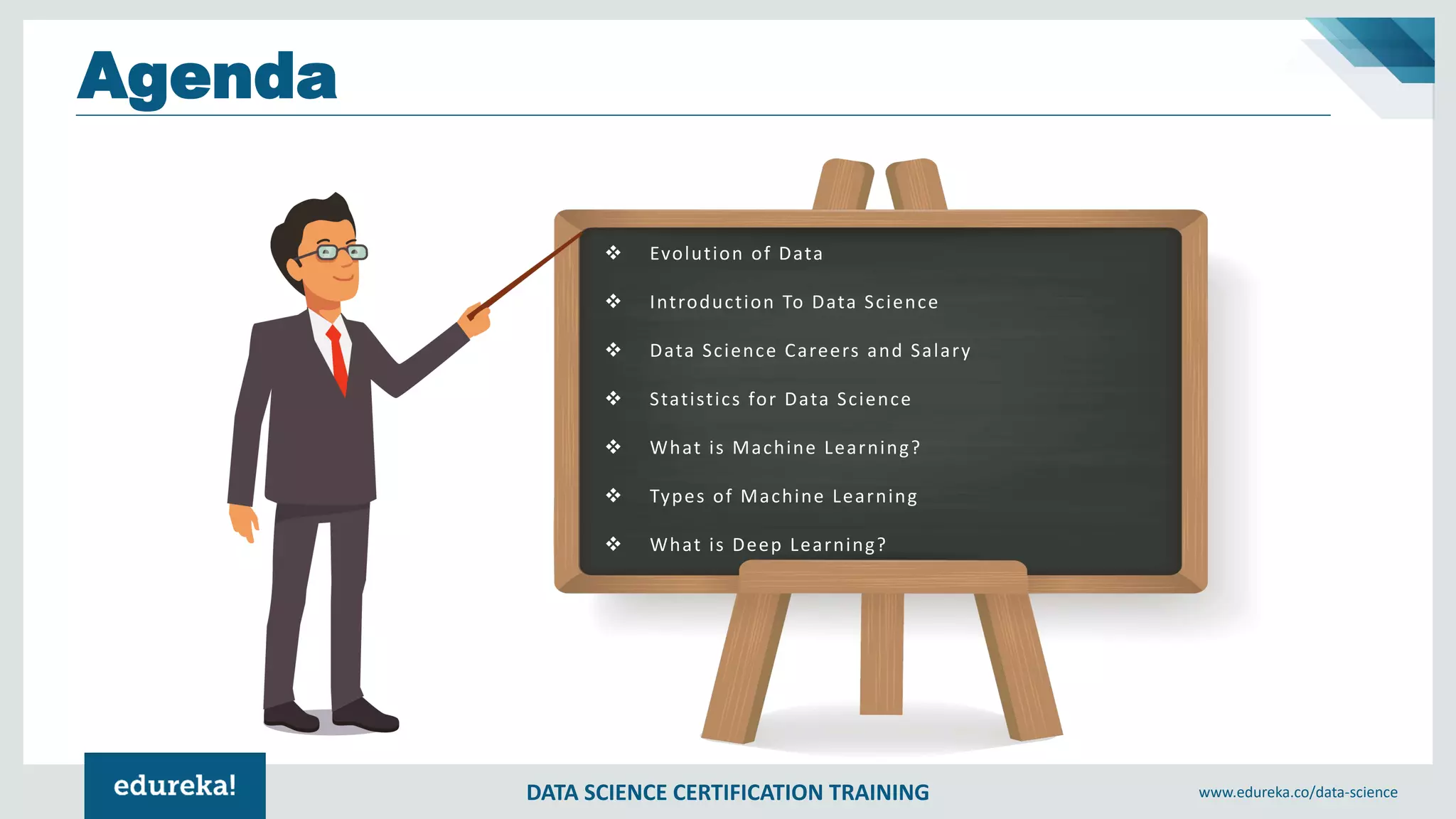 DATA SCIENCE CERTIFICATION TRAINING www.edureka.co/data-science
Agenda
❖ Evolution of Data
❖ Introduction To Data Science
❖ Data Science Careers and Salary
❖ Statistics for Data Science
❖ What is Machine Learning?
❖ Types of Machine Learning
❖ What is Deep Learning?
 