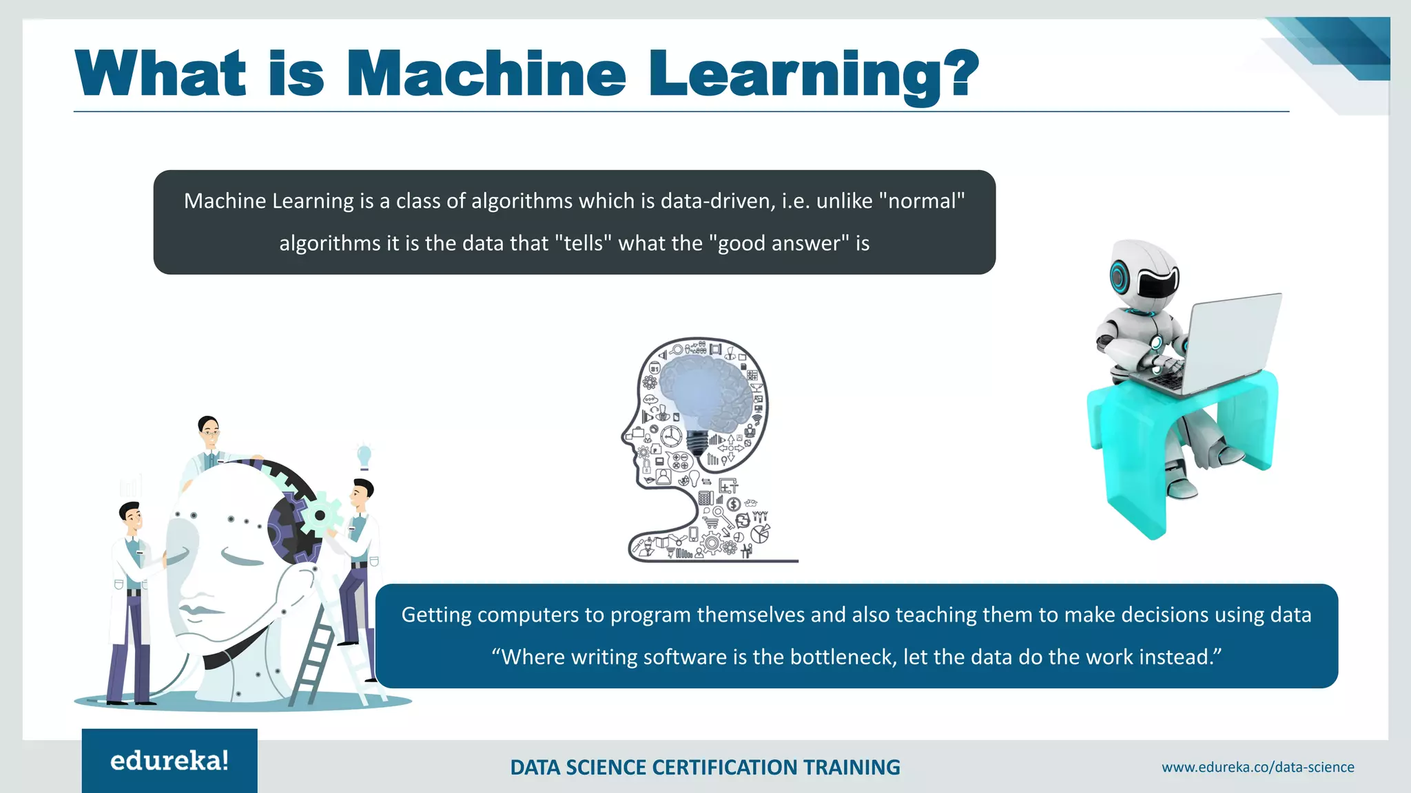 DATA SCIENCE CERTIFICATION TRAINING www.edureka.co/data-science
What is Machine Learning?
Machine Learning is a class of algorithms which is data-driven, i.e. unlike "normal"
algorithms it is the data that "tells" what the "good answer" is
Getting computers to program themselves and also teaching them to make decisions using data
“Where writing software is the bottleneck, let the data do the work instead.”
 