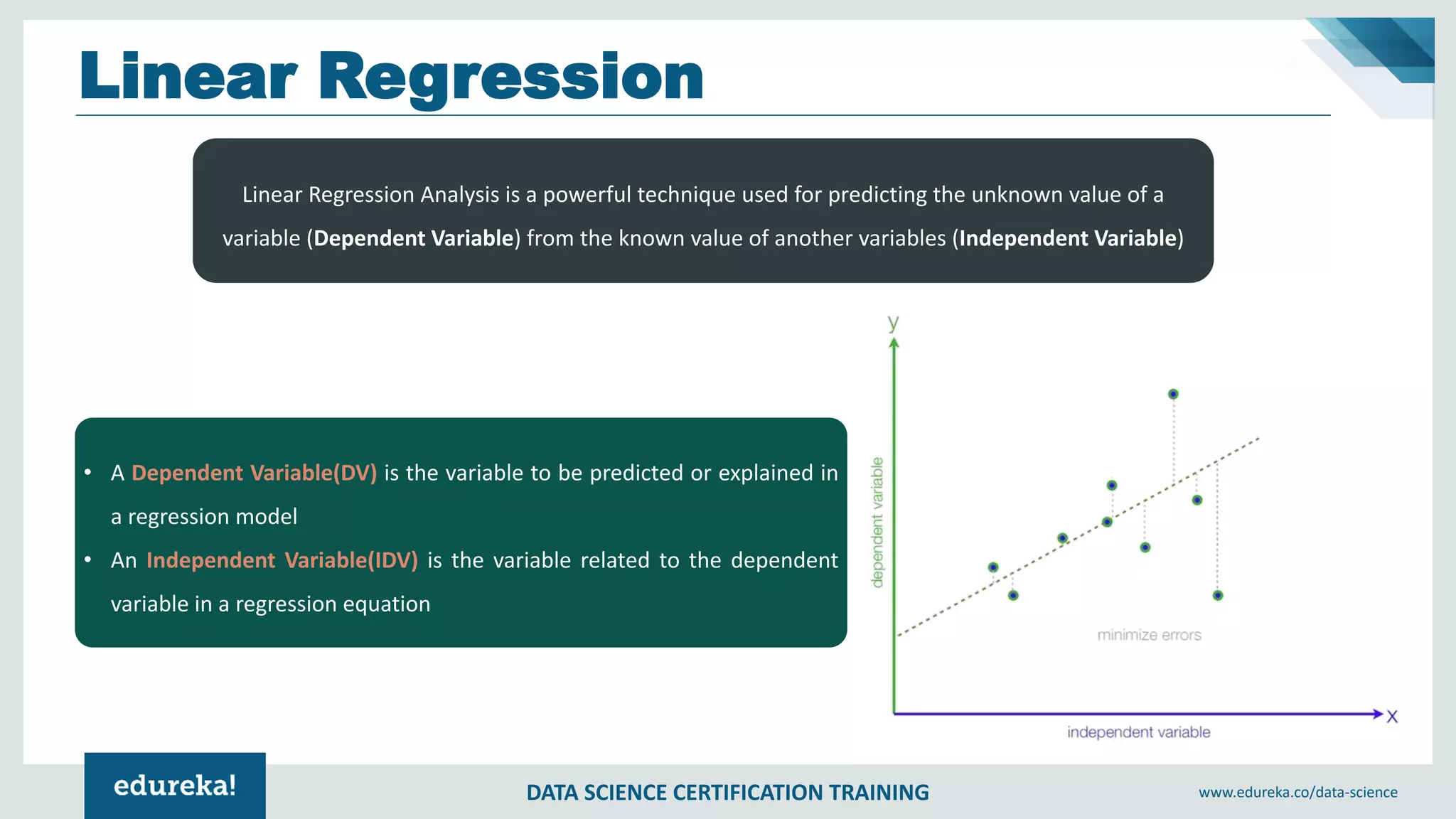 DATA SCIENCE CERTIFICATION TRAINING www.edureka.co/data-science
Linear Regression
Linear Regression Analysis is a powerful technique used for predicting the unknown value of a
variable (Dependent Variable) from the known value of another variables (Independent Variable)
• A Dependent Variable(DV) is the variable to be predicted or explained in
a regression model
• An Independent Variable(IDV) is the variable related to the dependent
variable in a regression equation
 