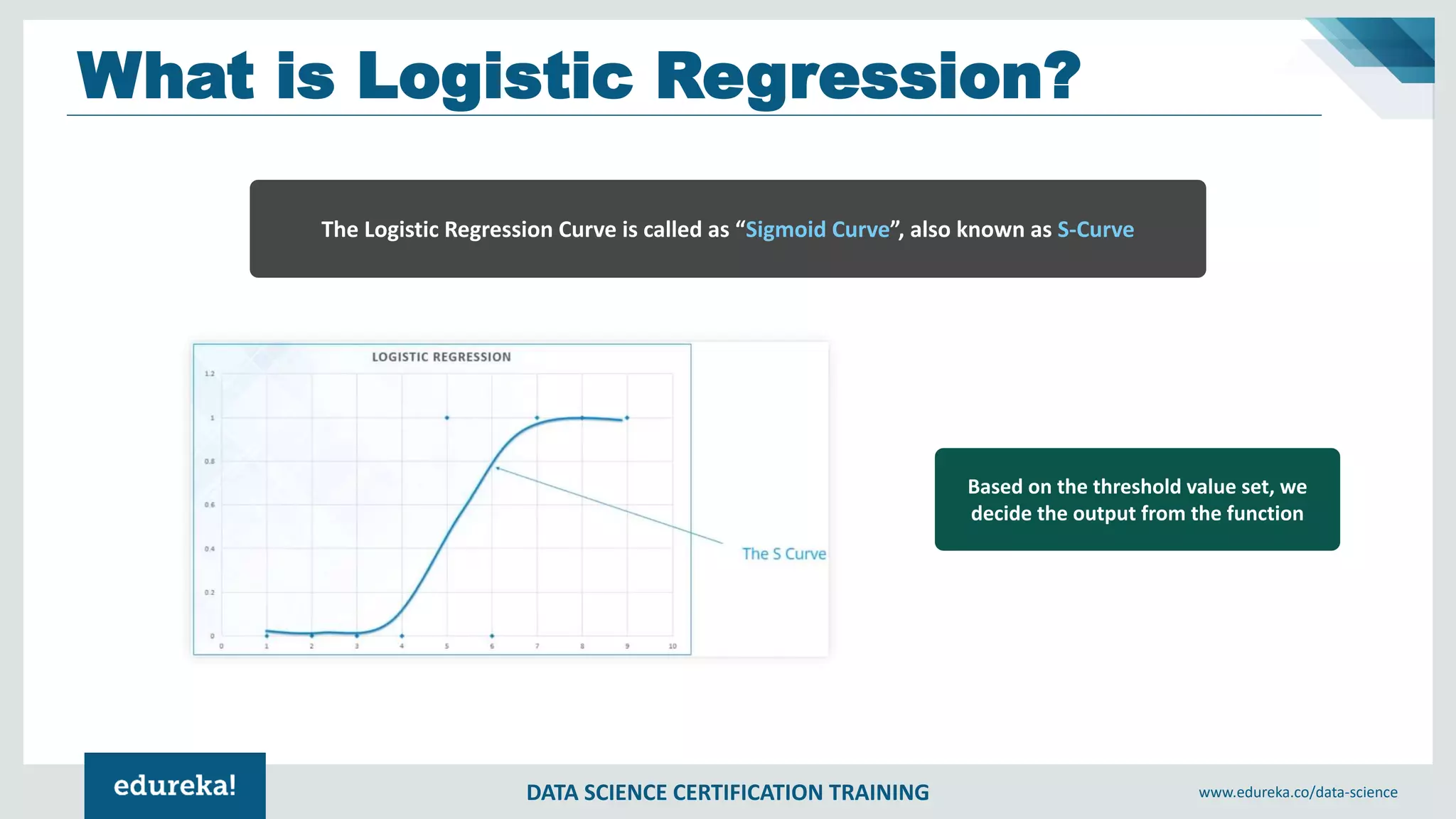 DATA SCIENCE CERTIFICATION TRAINING www.edureka.co/data-science
What is Logistic Regression?
Based on the threshold value set, we
decide the output from the function
The Logistic Regression Curve is called as “Sigmoid Curve”, also known as S-Curve
 