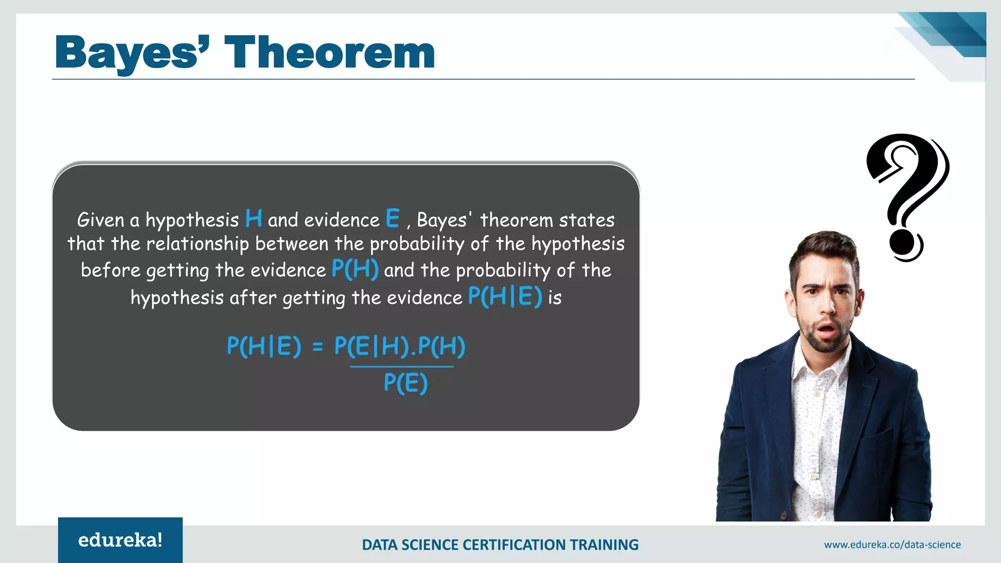 DATA SCIENCE CERTIFICATION TRAINING www.edureka.co/data-science
Bayes’ Theorem
Given a hypothesis H and evidence E , Bayes' theorem states
that the relationship between the probability of the hypothesis
before getting the evidence P(H) and the probability of the
hypothesis after getting the evidence P(H|E) is
P(H|E) = P(E|H).P(H)
P(E)
 