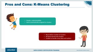 DATA SCIENCE CERTIFICATION TRAINING www.edureka.co/data-science
Pros and Cons: K-Means Clustering
• Simple, understandable
• Items automatically assigned to clusters
• Must define number of clusters
• All items forced into clusters
• Unable to handle noisy data and outliers
 