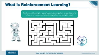 DATA SCIENCE CERTIFICATION TRAINING www.edureka.co/data-science
What is Reinforcement Learning?
Reinforcement learning is a type of Machine Learning where an agent learns to
behave in an environment by performing actions and seeing the results
 
