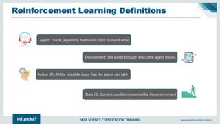 DATA SCIENCE CERTIFICATION TRAINING www.edureka.co/data-science
Reinforcement Learning Definitions
Agent: The RL algorithm that learns from trial and error
Environment: The world through which the agent moves
Action (A): All the possible steps that the agent can take
State (S): Current condition returned by the environment
 