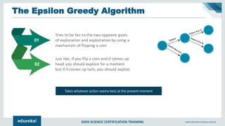 DATA SCIENCE CERTIFICATION TRAINING www.edureka.co/data-science
The Epsilon Greedy Algorithm
Takes whatever action seems best at the present moment
 