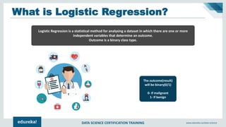 DATA SCIENCE CERTIFICATION TRAINING www.edureka.co/data-science
What is Logistic Regression?
The outcome(result)
will be binary(0/1)
0- If malignant
1- If benign
Logistic Regression is a statistical method for analysing a dataset in which there are one or more
independent variables that determine an outcome.
Outcome is a binary class type.
 