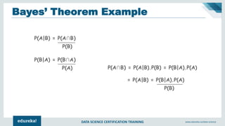 DATA SCIENCE CERTIFICATION TRAINING www.edureka.co/data-science
Bayes’ Theorem Example
P(A|B) = P(A∩B)
P(B)
P(B|A) = P(B∩A)
P(A) P(A∩B) = P(A|B).P(B) = P(B|A).P(A)
= P(A|B) = P(B|A).P(A)
P(B)
 