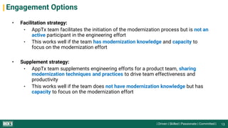| Driven | Skilled | Passionate | Committed |
Engagement Options
• Facilitation strategy:
• AppTx team facilitates the initiation of the modernization process but is not an
active participant in the engineering effort
• This works well if the team has modernization knowledge and capacity to
focus on the modernization effort
• Supplement strategy:
• AppTx team supplements engineering efforts for a product team, sharing
modernization techniques and practices to drive team effectiveness and
productivity
• This works well if the team does not have modernization knowledge but has
capacity to focus on the modernization effort
13
 