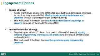 | Driven | Skilled | Passionate | Committed |
Engagement Options
• Engage strategy:
• AppTx team drives engineering efforts for a product team (engaging engineers
as much as they are available), sharing modernization techniques and
practices to drive team effectiveness and productivity
• This works well if the team does not have modernization knowledge or
capacity to focus on the modernization effort
• Internship/Rotation strategy:
• Engineers pair with AppTx team for a period of time (1-3 weeks), sharing
extreme programming techniques and practices to drive team effectiveness
and productivity
• This works well if the team does not have extreme good programming
practices
14
 