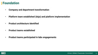 | Driven | Skilled | Passionate | Committed |
Foundation
• Company and department transformation
• Platform team established (dojo) and platform implementation
• Product architecture identified
• Product teams established
• Product teams participated in labs engagements
5
 
