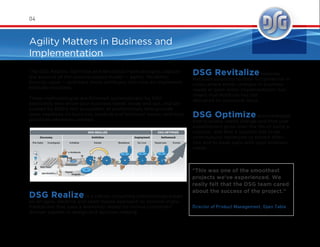 Agility Matters in Business and
Implementation
04
“This was one of the smoothest
projects we’ve experienced. We
really felt that the DSG team cared
about the success of the project.”
Director of Product Management, Open Table
The DSG Realize, Optimize and Revitalize methodologies capture
the essence of the cloud business model — agility, ﬂexibility,
time-to-value — and bakes these attributes into how we implement
NetSuite solutions.
These methodologies are followed systematically by DSG
specialists who know your business needs inside and out, and are
backed by DSG’s rich ecosystem of professionals who provide
deep expertise on business, product and technical issues, and best
practices whenever needed.
DSG Realize is a robust consulting methodology based
on an agile, iterative and team-based approach to solution imple-
mentations that uses a workshop model to involve customers’
domain experts in design and decision-making.
DSG Revitalize restores
NetSuite solutions to their full potential in
cases where either changes in business
needs or poor initial implementation has
meant that NetSuite has not
delivered its expected value.
DSG Optimize acknowledges
that business needs change and that user
expectations grow over the life of using a
solution, and that a solution has to be
continuously optimized to remain effec-
tive and to keep pace with your business
needs.
 