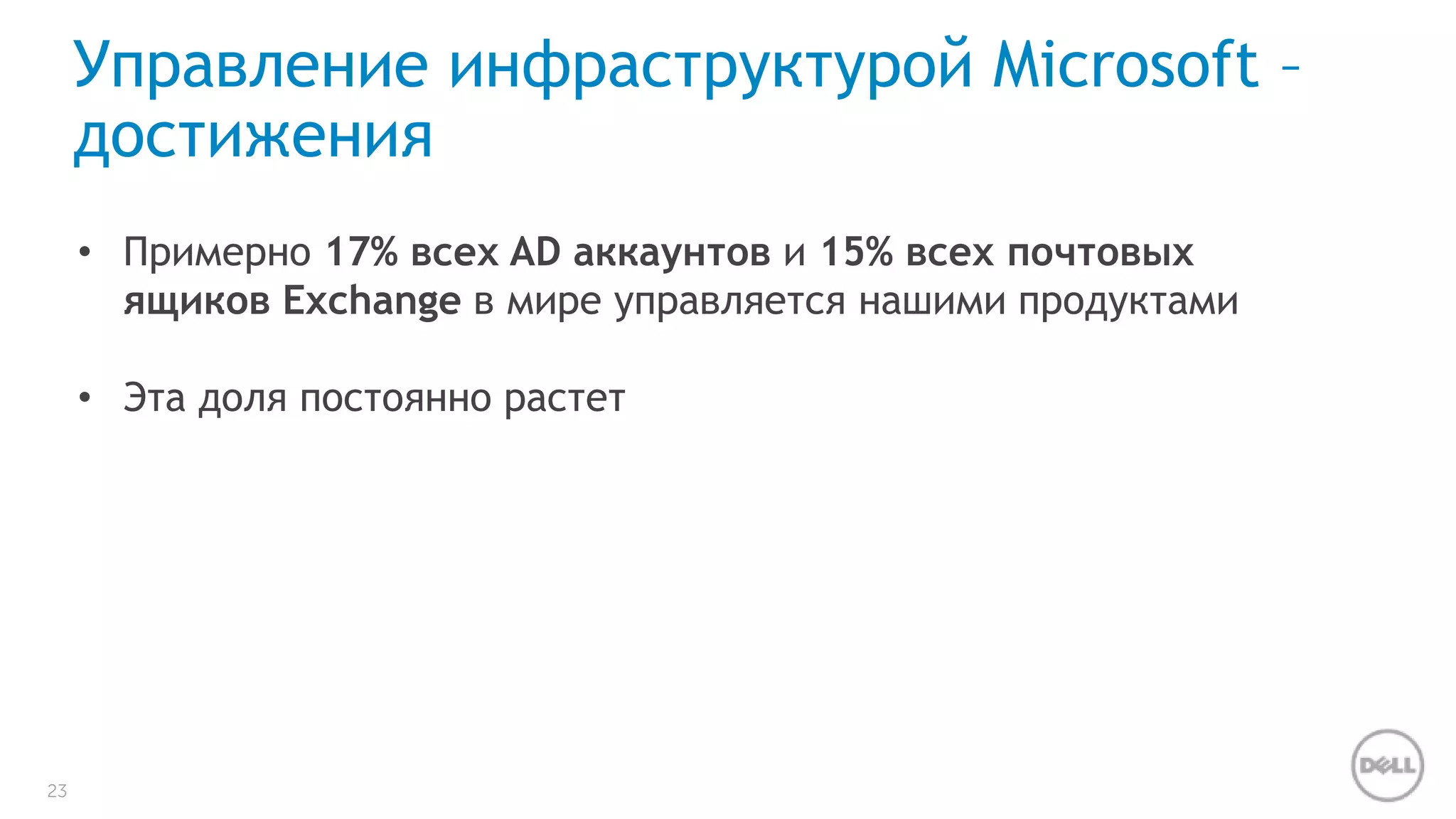 23 
Управление инфраструктурой Microsoft – 
достижения 
• Примерно 17% всех AD аккаунтов и 15% всех почтовых 
ящиков Exchange в мире управляется нашими продуктами 
• Эта доля постоянно растет 
 