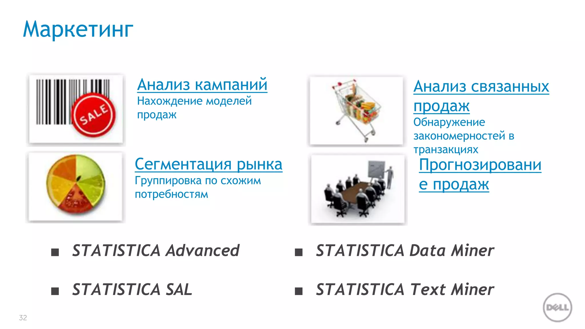 Маркетинг 
32 
Анализ кампаний 
Нахождение моделей 
продаж 
Сегментация рынка 
Группировка по схожим 
потребностям 
Анализ связанных 
продаж 
Обнаружение 
закономерностей в 
транзакциях 
Прогнозировани 
е продаж 
■ STATISTICA Advanced 
■ STATISTICA SAL 
■ STATISTICA Data Miner 
■ STATISTICA Text Miner 
 