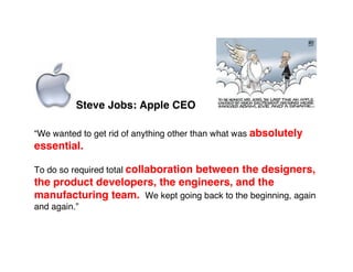 Steve Jobs: Apple CEO
“We wanted to get rid of anything other than what was absolutely
essential.
To do so required total collaboration between the designers,
the product developers, the engineers, and the
manufacturing team. We kept going back to the beginning, again
and again.”
 