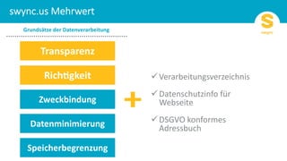 Transparenz
Rich-gkeit
Grundsätze der Datenverarbeitung
Zweckbindung
Datenminimierung
Speicherbegrenzung
Verarbeitungsverzeichnisü
Datenschutzinfo fürü
Webseite
DSGVO konformesü
Adressbuch
 