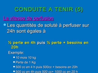 CONDUITE A TENIR (5)CONDUITE A TENIR (5)
La vitesse de perfusionLa vitesse de perfusion
Les quantités de soluté à perfuser surLes quantités de soluté à perfuser sur
24h sont égales à24h sont égales à
½ perte en 4h½ perte en 4h puispuis ½ perte + besoins en½ perte + besoins en
20h20h
Exemple:Exemple:
10 mois 10 kg10 mois 10 kg
Perte de 1 KgPerte de 1 Kg
500 cc en 4 h puis 500cc + besoins en 20h500 cc en 4 h puis 500cc + besoins en 20h
500 cc en 4h puis 500 cc+ 1000 cc en 20 h500 cc en 4h puis 500 cc+ 1000 cc en 20 h
 