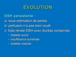 EVOLUTIONEVOLUTION
DSH persistante :DSH persistante :
a- sous estimation de pertesa- sous estimation de pertes
b- perfusion n’a pas bien couléb- perfusion n’a pas bien coulé
c- fuite rénale DSH avec diurèse conservéec- fuite rénale DSH avec diurèse conservée
• diabète sucrédiabète sucré
• insuffisance surrénaleinsuffisance surrénale
• diabète insipidediabète insipide
 