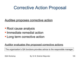 Corrective Action Proposal Auditee proposes corrective action Root cause analysis Immediate remedial action Long term corrective action Auditor evaluates the proposed corrective actions The organization’s QA functions provides advice to the responsible manager 