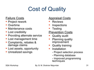 Cost of Quality Failure Costs Project rework Overtime Maintenance costs Lost credibility Providing alternate service Lost management time Complaints, rebates & damage claims Lost assets, opportunity Unrealized savings Appraisal Costs Reviews Inspections Testing Prevention Costs Quality audit Planning quality improvement Quality training Installation - Project selection process - Planning database - Improved programming techniques 