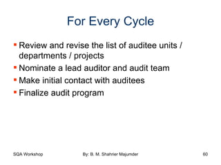 For Every Cycle Review and revise the list of auditee units / departments / projects Nominate a lead auditor and audit team Make initial contact with auditees Finalize audit program 