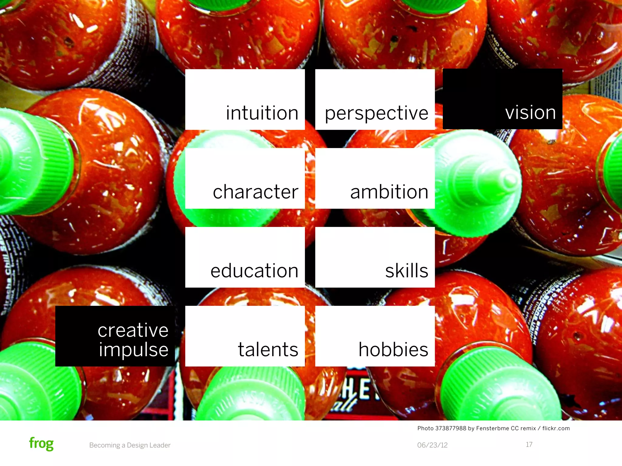 intuition   perspective                            vision



                           character      ambition



                           education          skills


  creative
  impulse                    talents       hobbies


                                                  Photo 373877988 by Fensterbme CC remix / flickr.com


Becoming a Design Leader                          06/23/12                            17
 