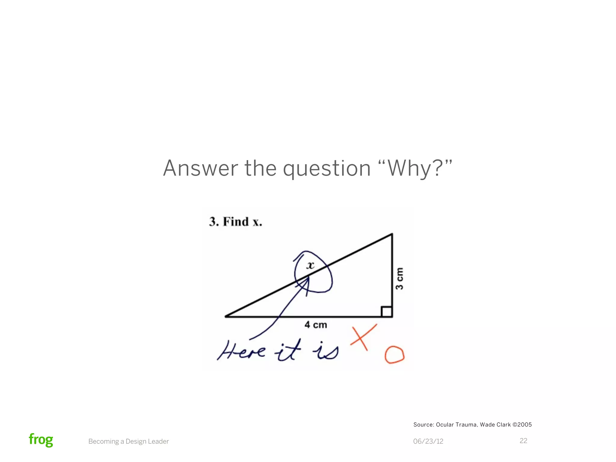 Answer the question “Why?”




                                           Source: Ocular Trauma, Wade Clark ©2005


Becoming a Design Leader                   06/23/12                           22
 