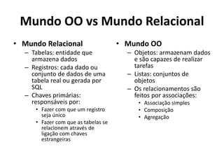 Mundo OO vs Mundo Relacional
• Mundo Relacional
– Tabelas: entidade que
armazena dados
– Registros: cada dado ou
conjunto de dados de uma
tabela real ou gerada por
SQL
– Chaves primárias:
responsáveis por:
• Fazer com que um registro
seja único
• Fazer com que as tabelas se
relacionem através de
ligação com chaves
estrangeiras
• Mundo OO
– Objetos: armazenam dados
e são capazes de realizar
tarefas
– Listas: conjuntos de
objetos
– Os relacionamentos são
feitos por associações:
• Associação simples
• Composição
• Agregação
 