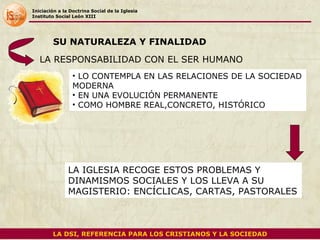 Iniciación a la Doctrina Social de la Iglesia Instituto Social León XIII LA RESPONSABILIDAD CON EL SER HUMANO LO CONTEMPLA EN LAS RELACIONES DE LA SOCIEDAD MODERNA EN UNA EVOLUCIÓN PERMANENTE COMO HOMBRE REAL,CONCRETO, HISTÓRICO  LA IGLESIA RECOGE ESTOS PROBLEMAS Y DINAMISMOS SOCIALES Y LOS LLEVA A SU MAGISTERIO: ENCÍCLICAS, CARTAS, PASTORALES SU NATURALEZA Y FINALIDAD LA DSI, REFERENCIA PARA LOS CRISTIANOS Y LA SOCIEDAD 
