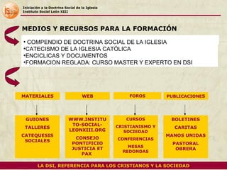 Iniciación a la Doctrina Social de la Iglesia Instituto Social León XIII MEDIOS Y RECURSOS PARA LA FORMACIÓN LA DSI, REFERENCIA PARA LOS CRISTIANOS Y LA SOCIEDAD MATERIALES WEB FOROS PUBLICACIONE S GUIONES TALLERES CATEQUESIS SOCIALES WWW.INSTITUTO-SOCIAL-LEONXIII.ORG CONSEJO PONTIFICIO JUSTICIA ET PAX  CURSOS CRISTIANISMO Y SOCIEDAD CONFERENCIAS MESAS REDONDAS BOLETINES CARITAS MANOS UNIDAS PASTORAL OBRERA COMPENDIO DE DOCTRINA SOCIAL DE LA IGLESIA CATECISMO DE LA IGLESIA CATÓLICA ENCICLICAS Y DOCUMENTOS FORMACION REGLADA: CURSO MASTER Y EXPERTO EN DSI 