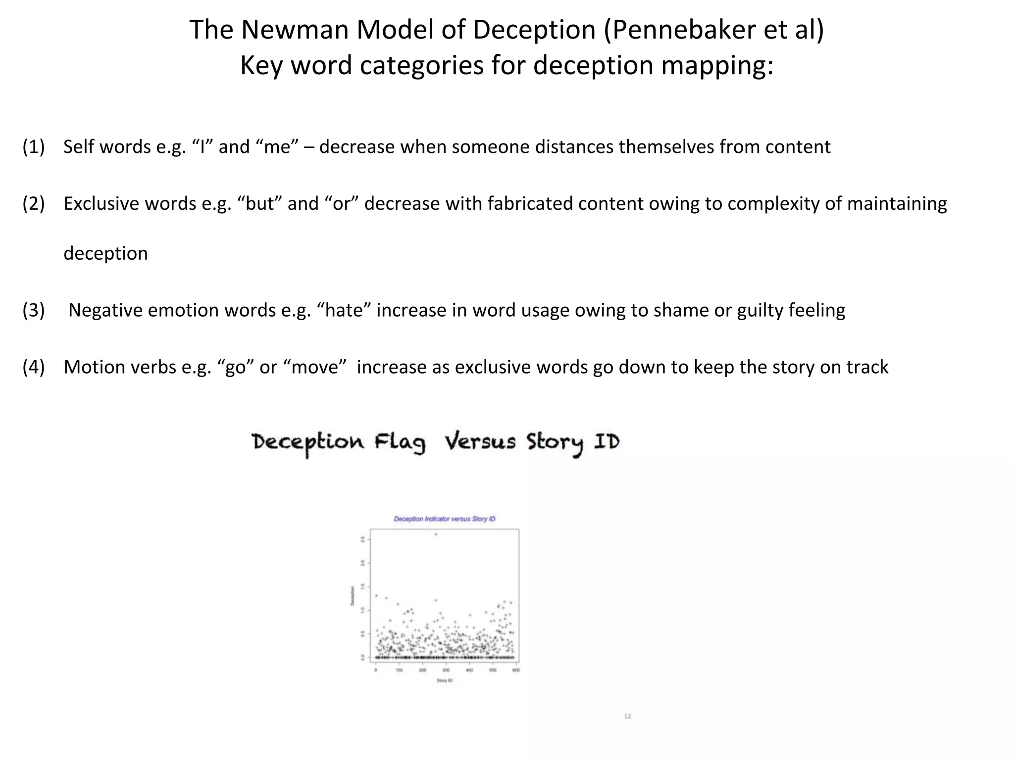 The Newman Model of Deception (Pennebaker et al)
Key word categories for deception mapping:
(1) Self words e.g. “I” and “me” – decrease when someone distances themselves from content
(2) Exclusive words e.g. “but” and “or” decrease with fabricated content owing to complexity of maintaining
deception
(3) Negative emotion words e.g. “hate” increase in word usage owing to shame or guilty feeling
(4) Motion verbs e.g. “go” or “move” increase as exclusive words go down to keep the story on track
 