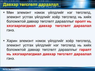 Давхар төгсгөлт дараалал
 Мөн элемэнт нэмэх үйлдлийг нэг төгсгөлд,
  элемэнт устгах үйлдлийг хоѐр төгсгөлд нь хийх
  боломжтой давхар төгсгөлт дарааллыг оролт нь
  хязгаарлагдмал давхар төгсгөлт дараалал
  гэнэ.

 Харин элемэнт нэмэх үйлдлийг хоѐр төгсгөлд,
  элемэнт устгах үйлдлийг нэг төгсгөлд нь хийх
  боломжтой давхар төгсгөлт дарааллыг гаралт
  нь хязгаарлагдмал давхар төгсгөлт дараалал
  гэнэ.

Багш: В.Нямсүрэн
 