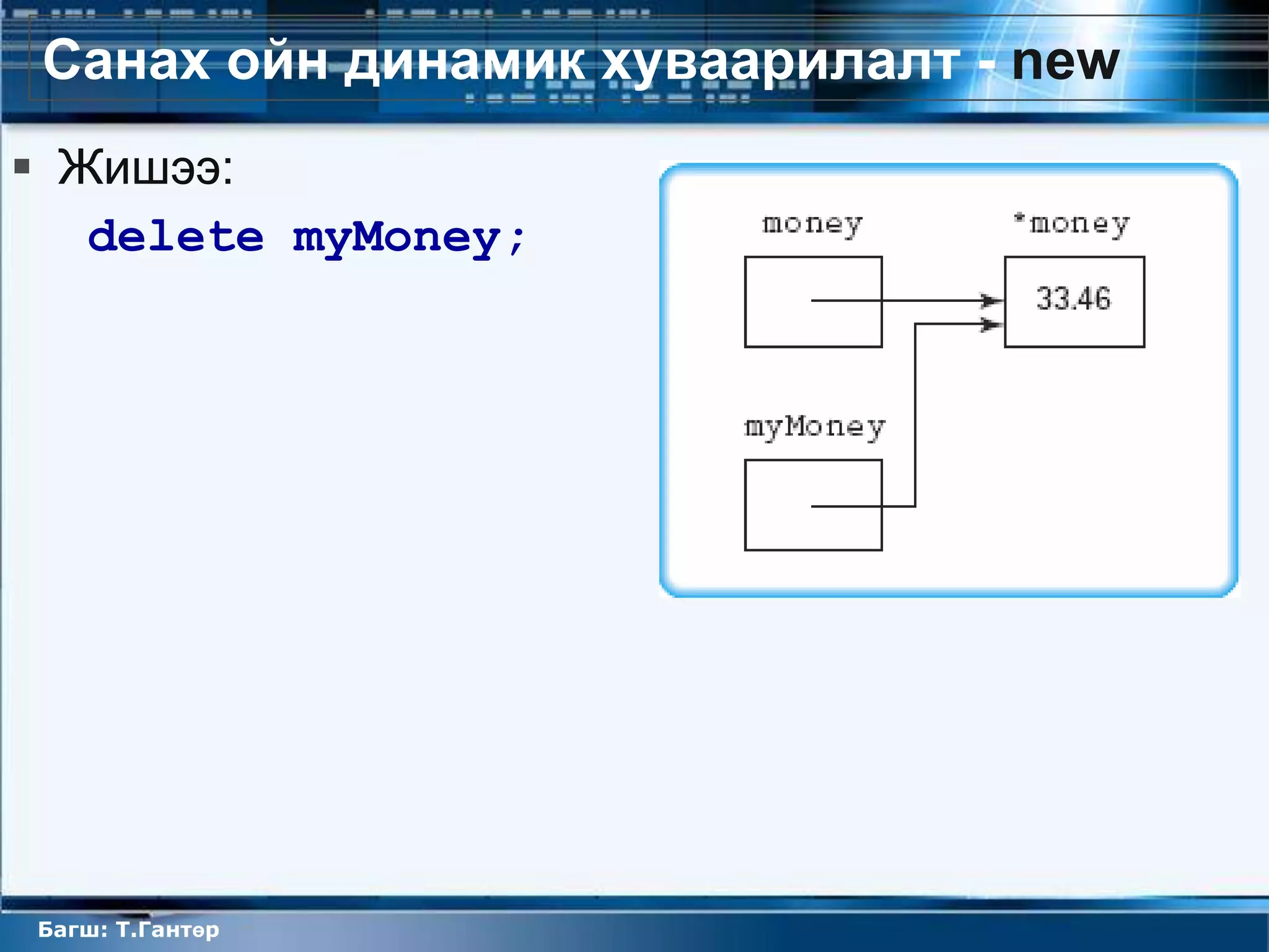 Санах ойн динамик хуваарилалт - new
 Жишээ:
   delete myMoney;




Багш: Т.Гантөр
 