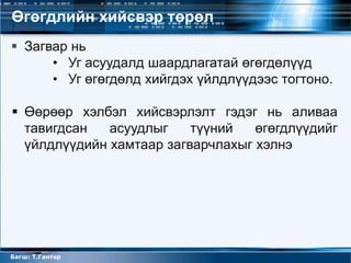 Өгөгдлийн хийсвэр төрөл
 Загвар нь
      • Уг асуудалд шаардлагатай өгөгдөлүүд
      • Уг өгөгдөлд хийгдэх үйлдлүүдээс тогтоно.

 Өөрөөр хэлбэл хийсвэрлэлт гэдэг нь аливаа
  тавигдсан   асуудлыг    түүний   өгөгдлүүдийг
  үйлдлүүдийн хамтаар загварчлахыг хэлнэ




Багш: Т.Гантөр
 