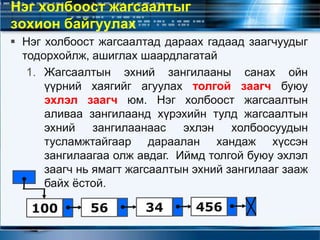  Нэг холбоост жагсаалтад дараах гадаад заагчуудыг
тодорхойлж, ашиглах шаардлагатай
1. Жагсаалтын эхний зангилааны санах ойн
үүрний хаягийг агуулах толгой заагч буюу
эхлэл заагч юм. Нэг холбоост жагсаалтын
аливаа зангилаанд хүрэхийн тулд жагсаалтын
эхний зангилаанаас эхлэн холбоосуудын
тусламжтайгаар дараалан хандаж хүссэн
зангилаагаа олж авдаг. Иймд толгой буюу эхлэл
заагч нь ямагт жагсаалтын эхний зангилааг зааж
байх ёстой.
Нэг холбоост жагсаалтыг
зохион байгуулах
100 56 34 456
 