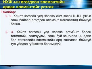 Тайлбар:
2. 2. Хайлт зогссон үед хэрвээ curr заагч NULL утгыг
зааж байвал өгөгдсөн элемэнт жагсаалтад байхгүй
байна.
2. 3. Хайлт зогссон үед хэрвээ prevCurr болон
төгсгөлийн заагчуудын зааж буй зангилаа нь адил
бол төгсгөлийн элемэнтийн ард зангилаа байхгүй
тул үйлдэл гүйцэтгэх боломжгүй.
НХЖ-ын өгөгдсөн элемэнтийн
ардах элемэнтийг устгах
 