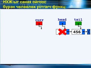 НХЖ-ыг санах ойгоос
бүрэн чөлөөлөх устгагч функц:
34
head tailcurr
456
 