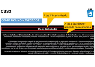 CSS3
COMO FICA NO NAVEGADOR
A tag h3 centralizado
A tag p (parágrafo)
alinhada para esquerda
 