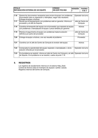 TITULO
REPARACIÓN EXTERNA DE UN EQUIPO
CÓDIGO
DSI-SOP-P02-N04
VERSIÓN
1
PAGINA
3 de 3
7.16 Genera los documentos necesarios para enviar el equipo con problemas
al proveedor para su reparación o reemplazo, según sea necesario.
Entrega el equipo a Activos
Operador de turno
7.17 Revisa que el equipamiento con problemas esté en garantía. Informa al
proveedor y al Jefe de Soporte.
Jefe de Centro de
Cómputo
7.18 Coordina el transporte del equipo con el proveedor que reparará el equipo
con problemas o reemplazará el equipo o pieza dañada por garantía
Activos
7.19 Efectúa el seguimiento al equipo con problemas hasta la solución
definitiva por parte del proveedor
Jefe de Centro de
Cómputo
7.20 Entrega el equipo a Activos, una vez resuelto el problema Proveedor
7.21 Coordina con el Jefe de Centro de Cómputo la revisión del equipo Activos
7.22 Comprueba la operatividad del equipo reparado o reemplazado, o de la
solución ofrecida por el proveedor.
Operador de turno
7.23 Si el problema se resolvió, informa al Jefe de Centro de Cómputo y al Jefe
de Soporte. Si el problema no se resolvió, vuelve al punto 7.16
Operador de turno
8. REGISTROS
Los registros de escalamiento internos en el sistema Help_Desk.
Control de Activos sobre el inventario de equipos / partes / piezas.
Registros internos del Centro de Cómputo.
 