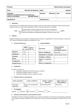 Página 1
Proceso: Mantenimiento de equipos
Area: Dirección de Sistemas Dpto.: Soporte
Indicador:
Eficiencia del Mantenimiento Correctivo por
técnico y proveedor DSI-SOP-P02-I01
Expresa: Eficiencia Tipo: Proceso
Aprobado el: Aprobado por:
1. Definición:
Porcentaje de casos atendidos directamente por Soporte Técnico en los tiempos establecidos. Dentro del personal de
Soporte Técnico se cuenta al personal propio de UPC y al personal del servicio contratado.
%100
mesunenTécnicoSoporteporrecibidasssolicitudedeTotal
SoportedeTécnicoslosporassolucionadsSolicitude
EST 


2. Objetivo
Establecer tiempos de servicio para los mantenimientos correctivos y programarlos con los proveedores y técnicos de
UPC, según la cantidad de problemas suscitados en el mes.
3. Niveles de Referencia
Aplica Cuál es o
debe serSI NO
Histórico X
Planificado X
Estándar
Diseño
Competencia
Estado del Arte
4. Responsabilidad
Desviación
Responsabilidad
(¿A quién le
corresponde actuar?)
Real Vs. Planificado Help_Desk
Planificado Vs. Estándar Jefe de Soporte Técnico
Estándar Vs. Diseño
Diseño Vs. Estado del
Arte
Real Vs. Competencia
5. Subdivisión
Los datos a mostrar son :
 Solicitudes atendidas dentro del día en que se reportan
 Solicitudes atendidas menores a dos días
 Solicitudes atendidas mayores o iguales a dos días
6. Puntos de lectura e instrumentos
Datos requeridos ¿Cómo se obtienen? ¿Dónde y cuándo se
observan?
¿Quién registra las
observaciones?
Solicitudes
registradas
Registro de solicitudes del
cliente
Sistema Help_Desk Help_Desk
7. Periodicidad
Semanal Mensual X Trimestral Semestral Otro
8. Sistema de información y procesamiento de datos
Contabiliza el total de solicitudes atendidas por los Técnicos de Soporte o los técnicos del outsourcing, atendiendo
a los tiempos de solución establecidos y las divide entre el total de solicitudes atendidas por Soporte Técnico en el
mes.
 