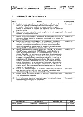TITULO
PASE DE PROGRAMAS A PRODUCCION
CODIGO
DSI-SOP-P07-P01
VERSION
1
PAGINA
1 de 1
Elaborado por Revisado por Aprobado p...