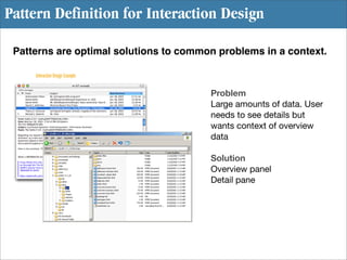 Pattern Definition for Interaction Design

 Patterns are optimal solutions to common problems in a context.

     Interact...